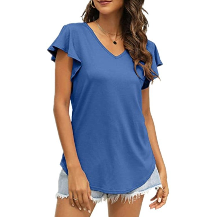 Damen V-Ausschnitt T-Shirt mit Rüschenärmeln und lässigem Schnitt EB