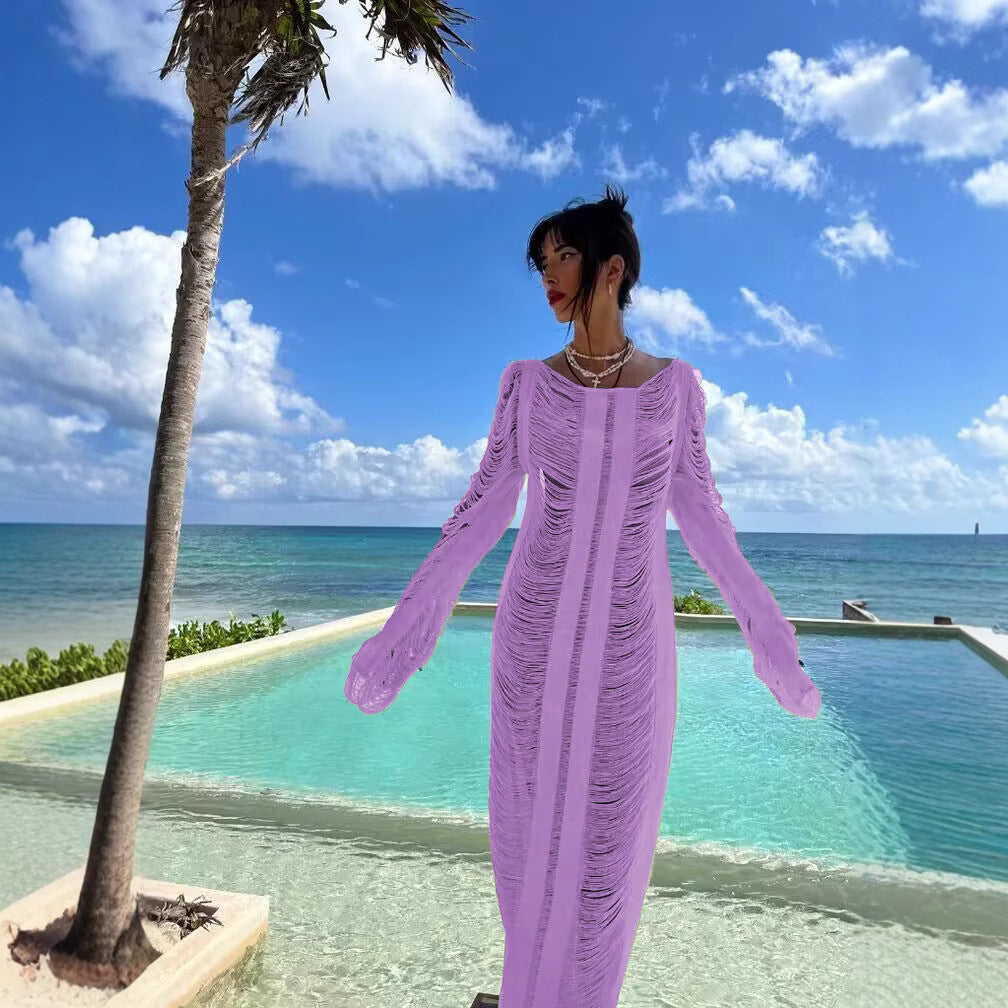 Damen elegantes Strandkleid mit raffinierten Fransen und transparenten Elementen EB