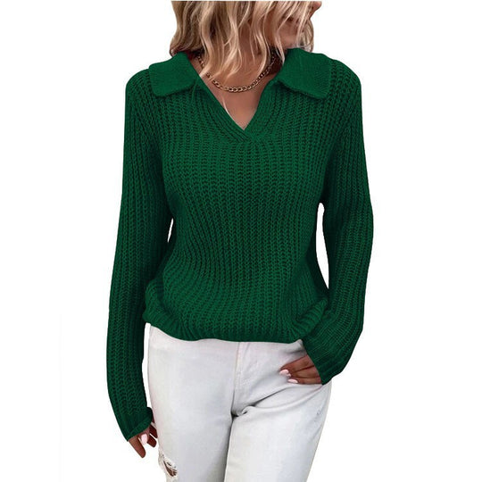 Damen V-Ausschnitt Strickpullover mit Kragen EB