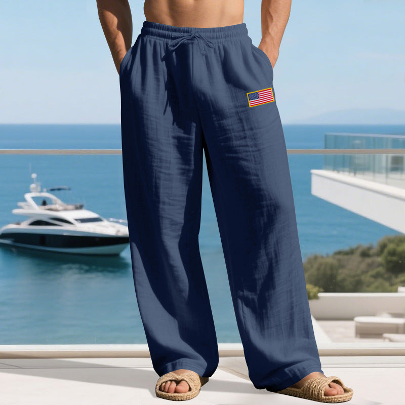 Herren nan lässige Leichtgewicht-Loungehose mit Tunnelzugbund, weitem Bein und Flaggen-Patch EB