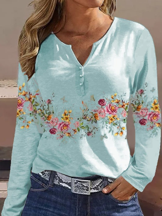 Damen Langarmshirt mit floralem Motiv und Knopfdetails EB