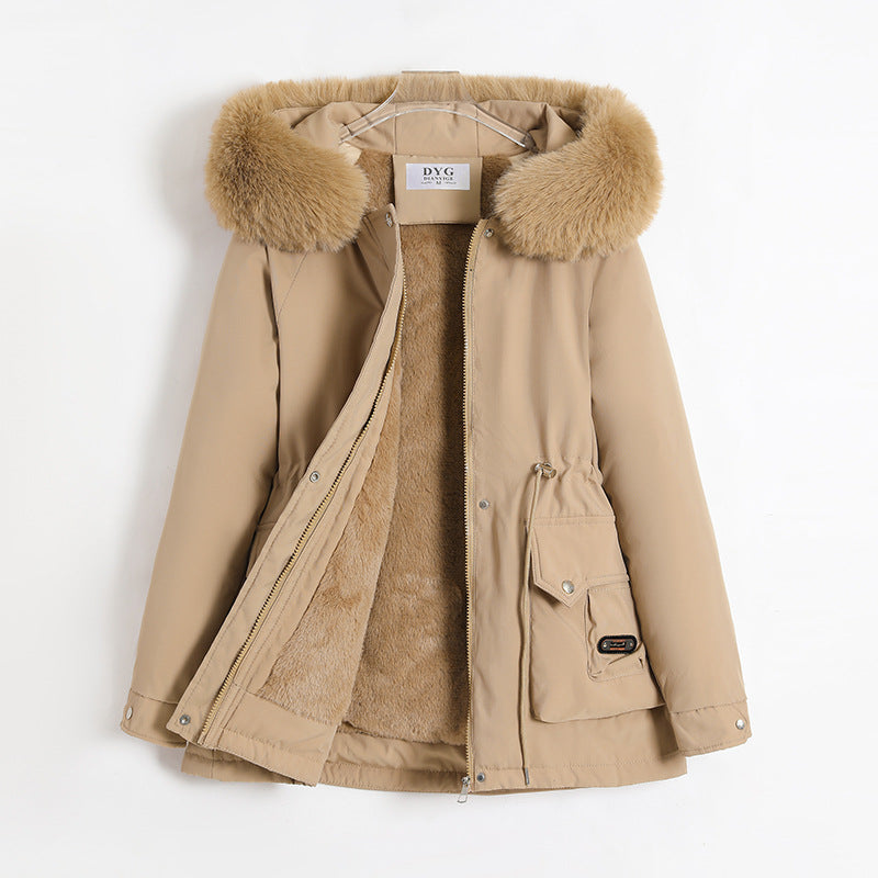 Damen nan kurzer Thermo-Parka mit voluminösem Schalkragen in Webpelzoptik und taillierendem Tunnelzug EB