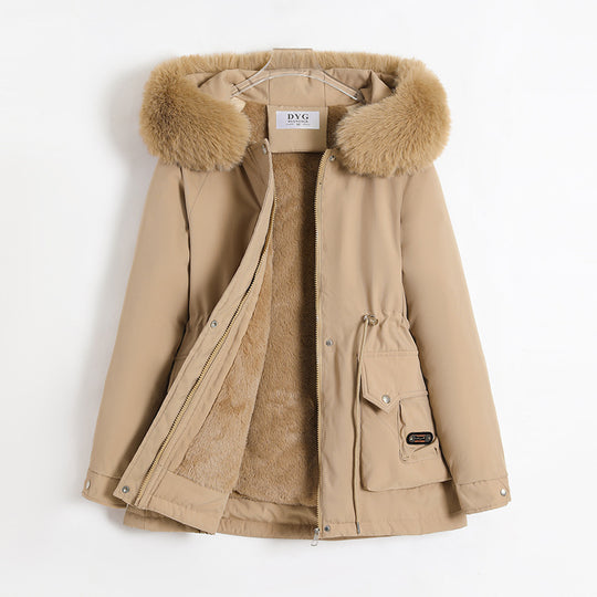 Damen nan kurzer Thermo-Parka mit voluminösem Schalkragen in Webpelzoptik und taillierendem Tunnelzug EB