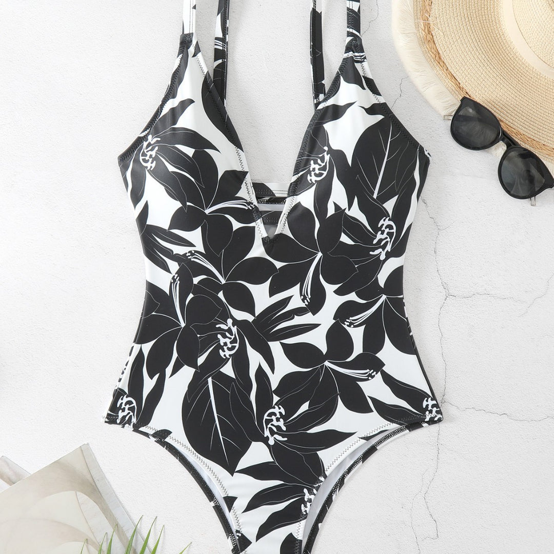 Damen Einteiler Badeanzug mit elegantem floralem Design und modernem V-Ausschnitt EB