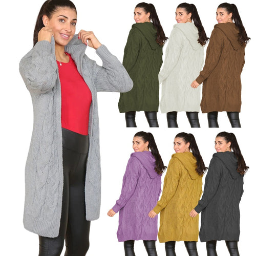 Damen Großer Strickmantel mit Kapuze und Zopfmuster EB