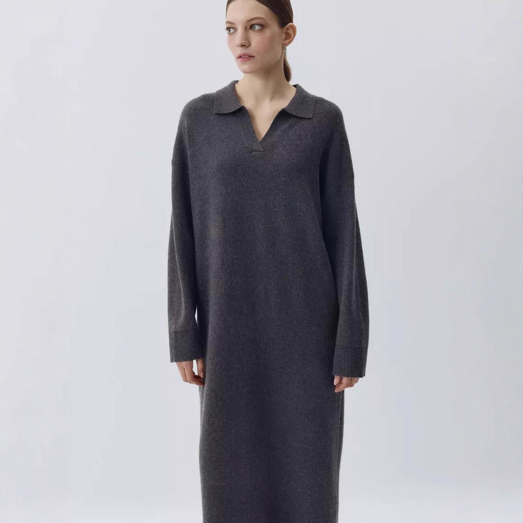 Damen Übergröße Strickkleid mit modernem Polokragen und langen Ärmeln EB