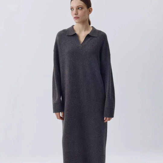 Damen Übergröße Strickkleid mit modernem Polokragen und langen Ärmeln EB