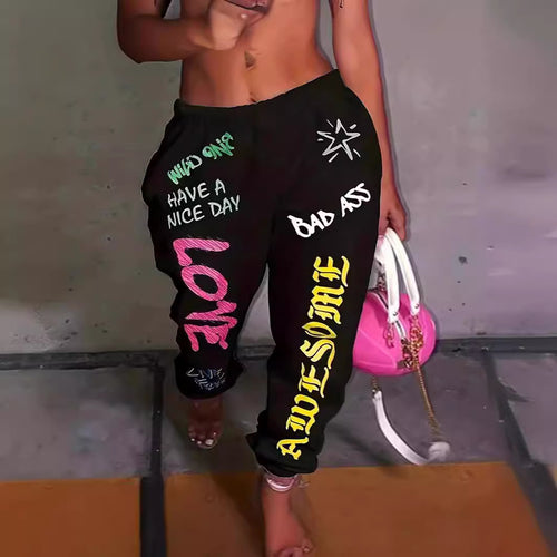 Damen Freizeithose mit kreativem Schriftzug und elastischem Bund EB