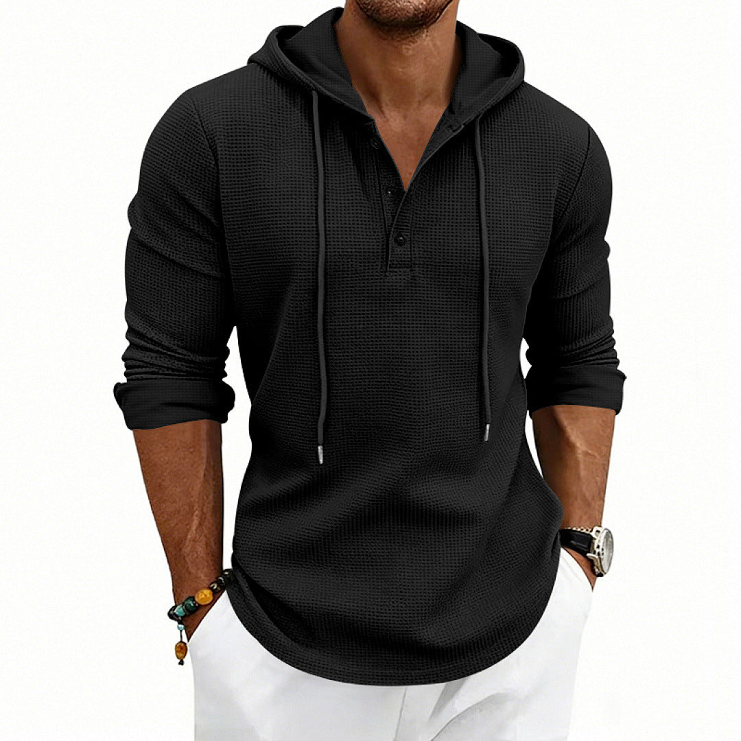Herren Waffelstrick-Henley-Hoodie mit Knopfleiste und Kapuze EB