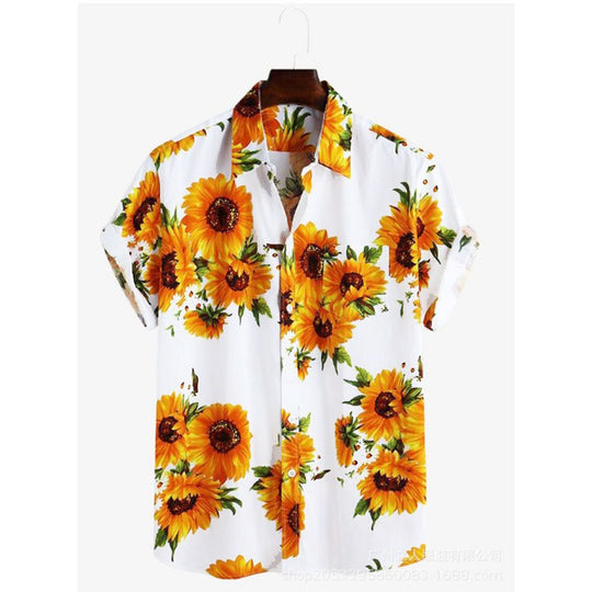 Herren Kurzarmhemd mit farbenfrohem Sonnenblumenmuster und leichtem Baumwollstoff EB