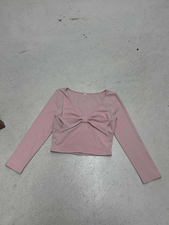 Damen nan Cropped-Longsleeve mit dekorativer Schleifenfront, V-Ausschnitt und figurbetonter Passform EB