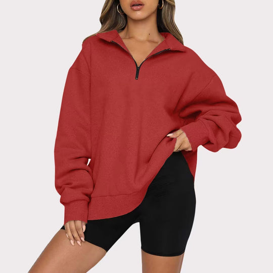 Damen nan oversized Sweatshirt mit halbem Reißverschluss, weichem Fleece-Innenfutter und Kängurutasche EB