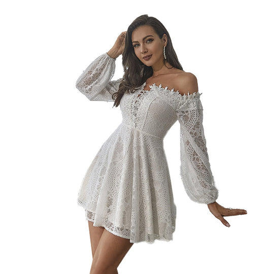 Damen Off-Shoulder Spitzenkleid mit weitem Schößchen EB