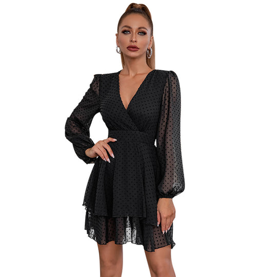 Damen verspieltes A-Linien Kleid mit langen Puffyärmeln und V-Ausschnitt EB