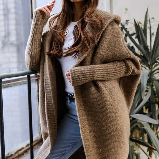 Damen kuschelige Strickjacke mit Kapuze und offenem Schnitt EB