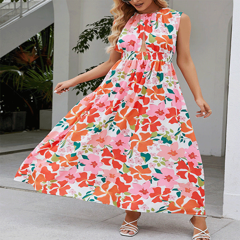 Damen Maxikleid mit floralem Design und elastischem Taillenband EB