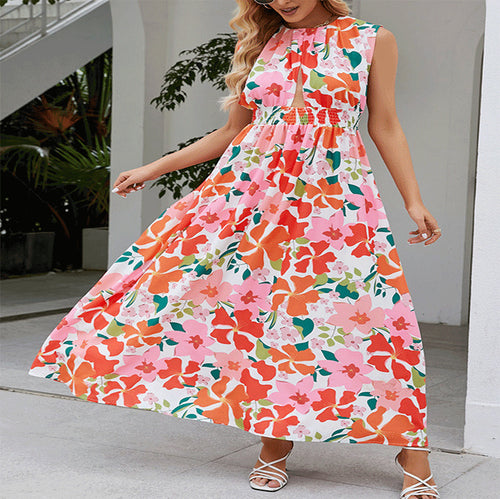 Damen Maxikleid mit floralem Design und elastischem Taillenband EB