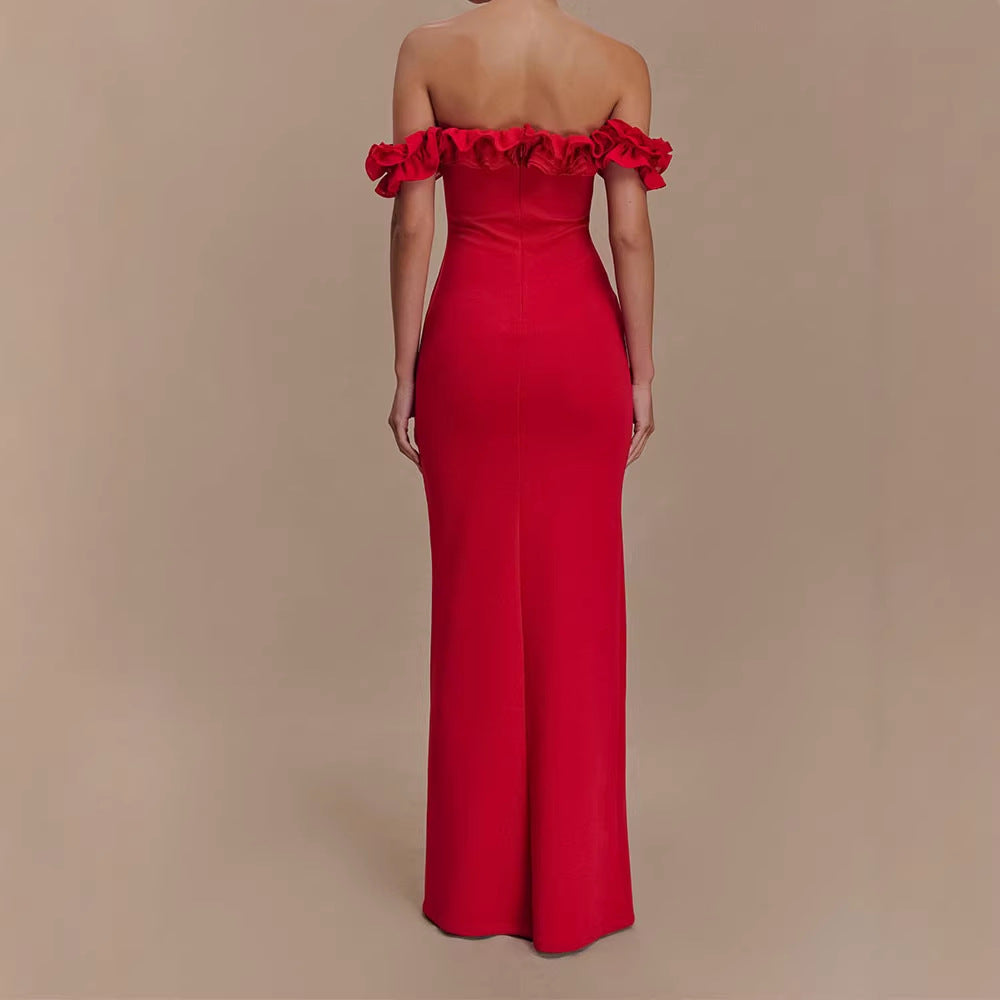 Damen Elegantes, schulterfreies Maxikleid mit Rüschendetails EB