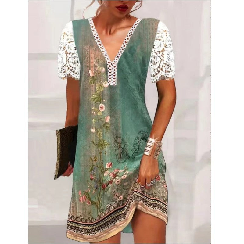 Damen Leichtes Sommerkleid mit Spitzenärmeln und floralem Design EB