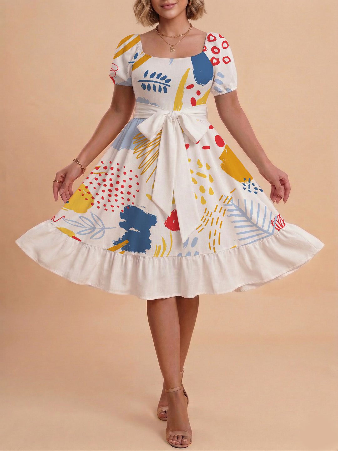 Damen Sommerkleid mit floralem Puffärmel und taillierbarem Gürtel EB