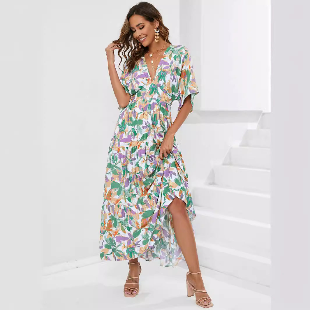Damen Maxi-Kleid mit V-Ausschnitt und floralen Mustern EB