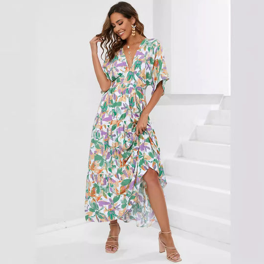 Damen Maxi-Kleid mit V-Ausschnitt und floralen Mustern EB