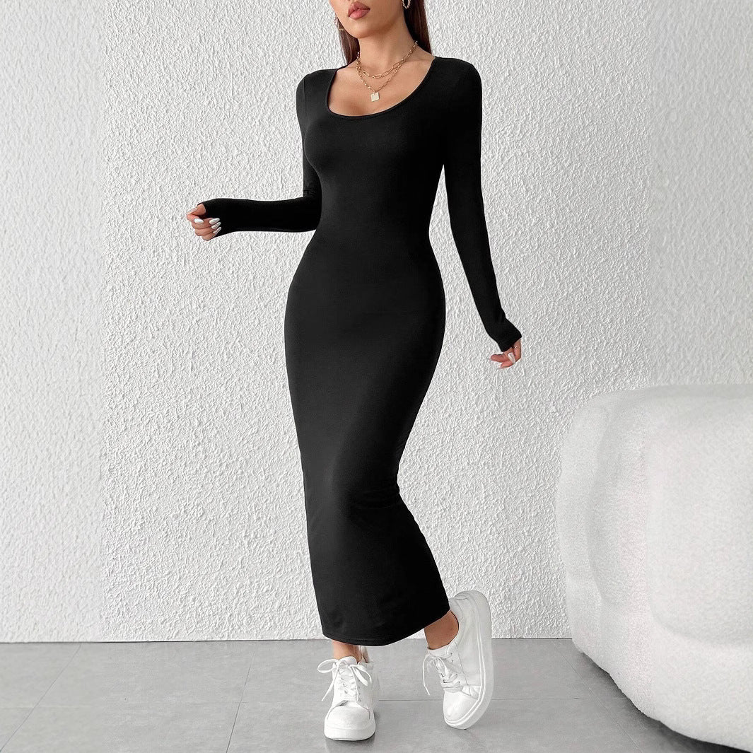 Damen figurbetontes langärmeliges Maxikleid mit tiefem Rundhalsausschnitt formendem Stretch-Jersey und knöchellanger Silhouette Eichborn Berlin