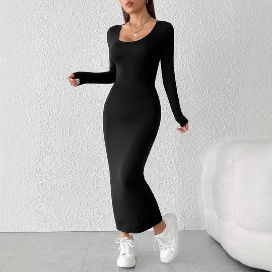 Damen figurbetontes langärmeliges Maxikleid mit tiefem Rundhalsausschnitt formendem Stretch-Jersey und knöchellanger Silhouette Eichborn Berlin