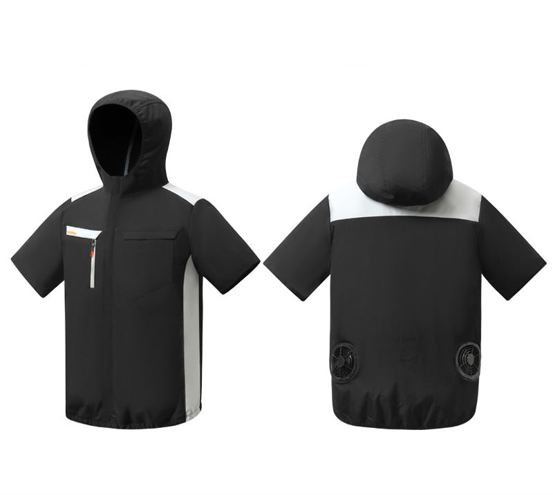 Unisex nan belüftete Kurzarm-Kapuzenjacke mit integrierten Rücklüftern, USB-Anschluss und elastischem Saum R&B
