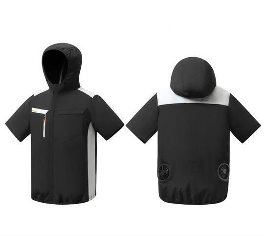 Unisex nan belüftete Kurzarm-Kapuzenjacke mit integrierten Rücklüftern, USB-Anschluss und elastischem Saum R&B