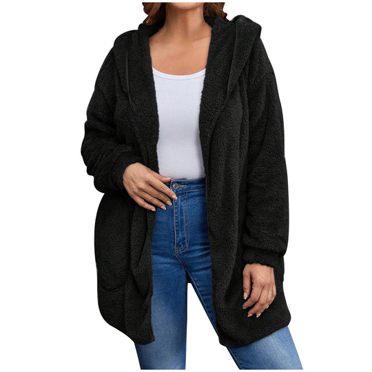 Damen nan kuschelige Teddy-Fleece Kapuzenjacke mit großen Eingrifftaschen und entspannter Silhouette EB
