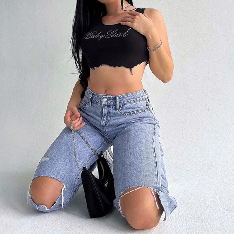 Damen Crop-Top mit glitzerndem Schriftzug und trendy Schnitt EB