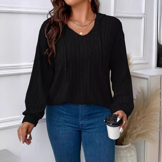 Damen nan gerippter Kapuzenpullover aus Feinstrick mit V-Ausschnitt EB