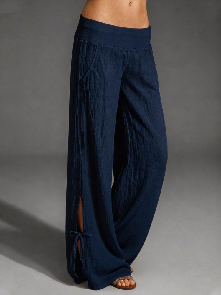 Damen Leichte Leinenhose mit weitem Bein und elastischem Bund EB