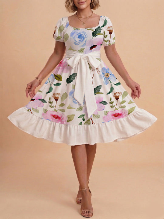 Damen Sommerliches Blumenkleid mit taillierbarem Gürtel und voluminösen Ärmeln EB