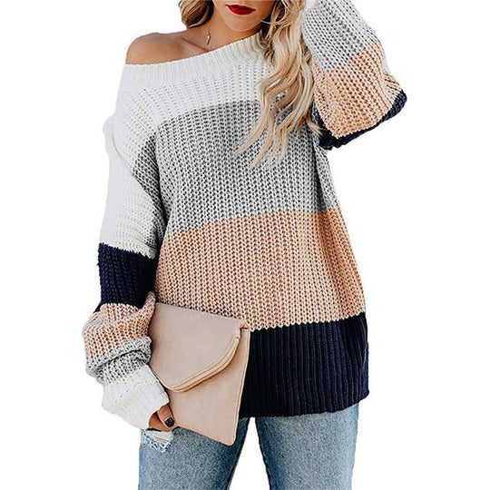 Damen Strickpullover mit blockfarbigem Muster und lockerem Schnitt EB