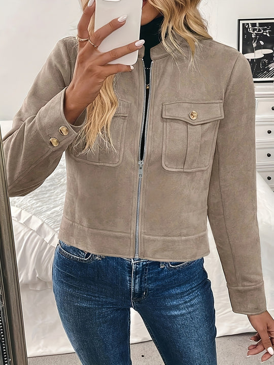 Damen modische Kurzjacke aus hochwertigem Kunstleder mit praktischen Taschen EB