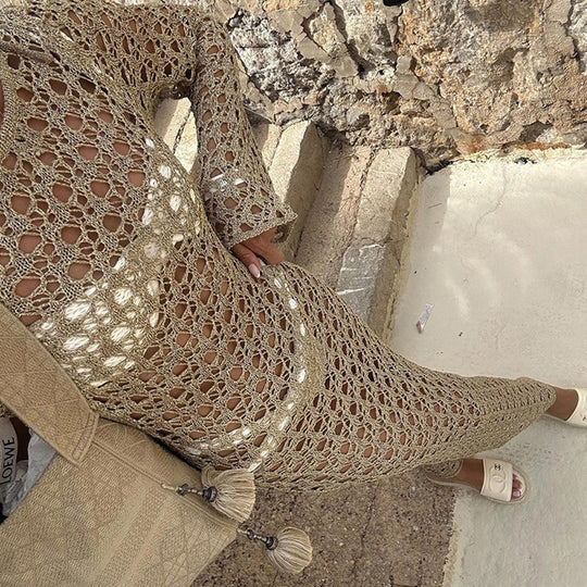 Damen Elegantes Häkel-Maxikleid mit weitem Schnitt und feinen Details EB