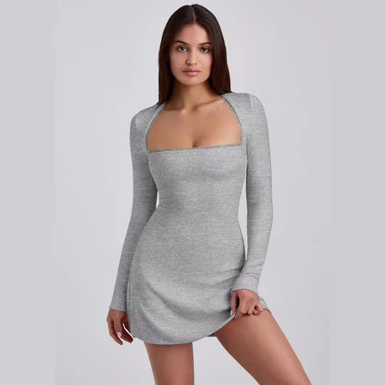 Damen Langärmeliges Minikleid mit elegantem Ausschnitt und Rippstruktur EB