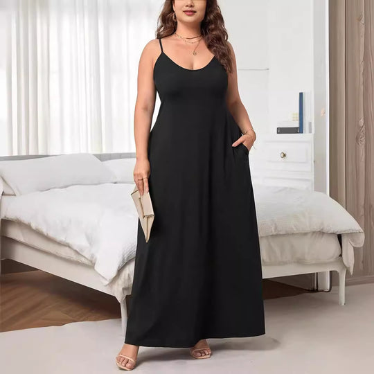 Damen Maxikleid mit schmalen Spagettiträgern und praktischen Seitentaschen EB