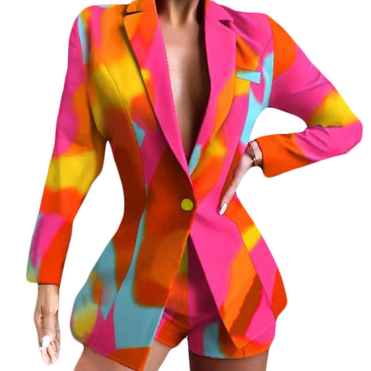 Damen Modischer Blazer mit kurzen Hosen und auffälligem Farbdesign EB
