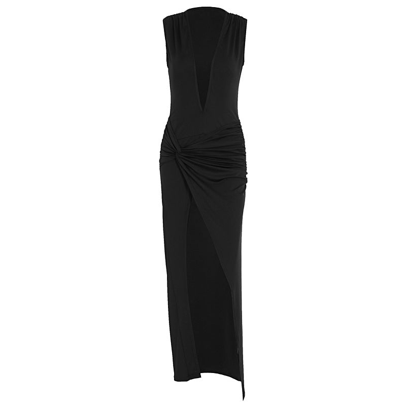 Damen elegantes langes Kleid mit tiefem V-Ausschnitt und raffinierter Raffung EB