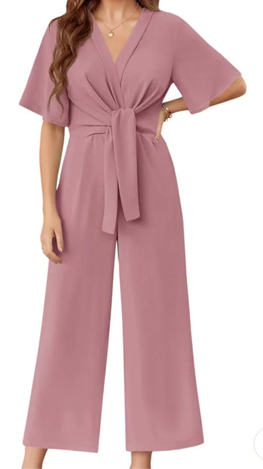 Damen eleganter Jumpsuit mit tiefem V-Ausschnitt und Poncho-Ärmeln EB