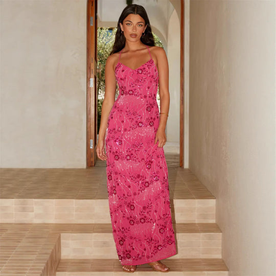 Damen Elegantes Maxikleid mit floralem Perlenstick und feinen Spaghetti-Trägern EB