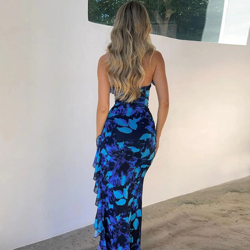 Damen Träger Maxikleid mit verspieltem Rüschen-Ausschnitt und floralem Design EB