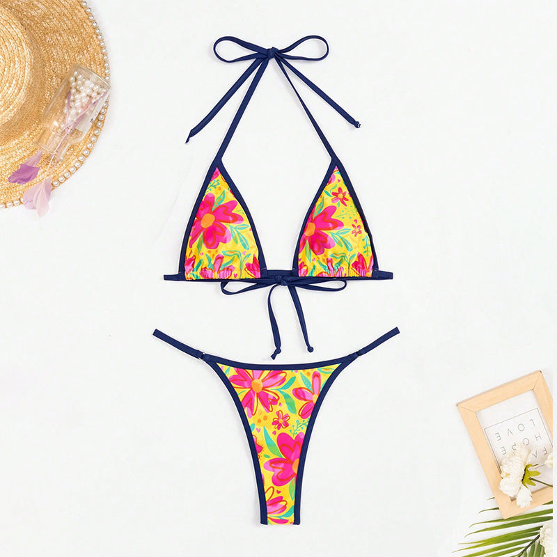 Damen Triangel-Bikini mit buntem floralem Design und verstellbaren Bindebändern EB