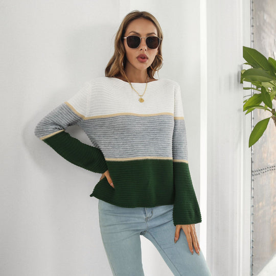 Damen Off-Shoulder Strickpullover mit modernen Farbblock-Design EB