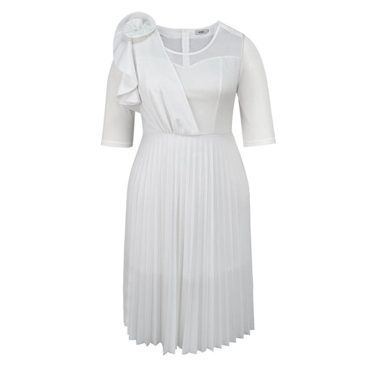 Damen elegantes Plissee-Kleid mit asymmetrischem Design und floralen Akzent EB