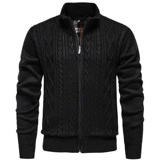 Herren nan grobgestrickter Cardigan mit Zopfmuster, Stehkragen und kariertem Innenfutter EB