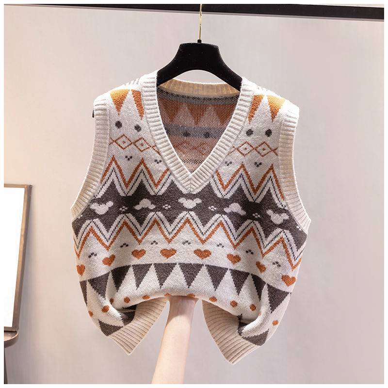 Damen Strickweste mit V-Ausschnitt und geometrischem Muster EB